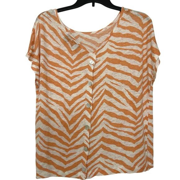 TAHARI 100% Linen Coral Tan Animal Print Button Back Top Beachy Summer Large - Picture 2 of 9